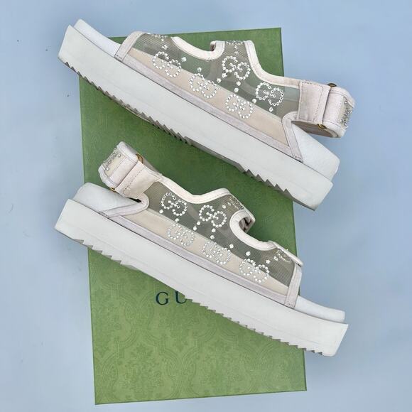 Gucci Nude Crystal Mesh Double Strap Sandals Size 38 EU - Picture 11 of 14